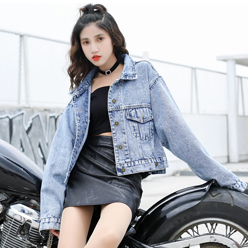 

Vintage Cropped Denim Jacket Female BF Wind Blue Jean Jackets Women Long Sleeve Bomber Jacket Outerwear Women Loose Coat