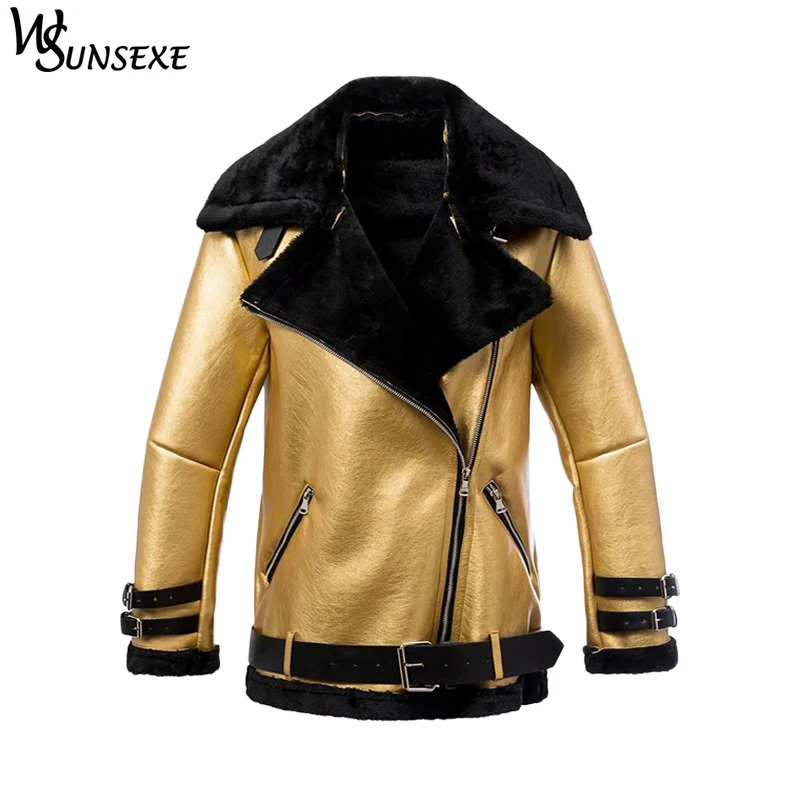 Koop Fashion Metal Gold Faux Leather Suede Jassen Winter Vrouwen Casual Rits Shearling Motorfiets Dikker Warm Bont Ge iuml;ntegreerde Jassen