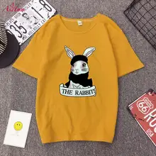 

Aselnn 2018 Summer Women Cartoon Rabbit Letter Printed T-shirt Short Sleeved O-neck Casual Tees Kawaii Harajuku Tops