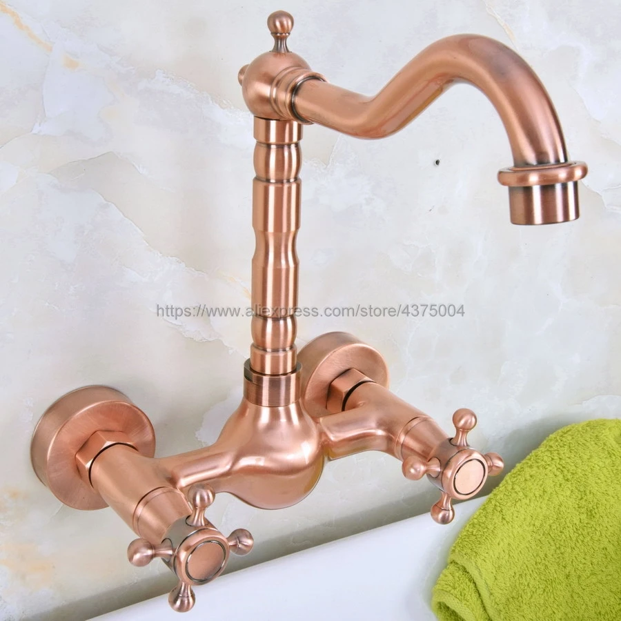 Antique Red Copper Kitchen Bathroom Basin Sink Faucet Vessel Tap Mixer Tap Dual Handles Wall Mounted Nnf945