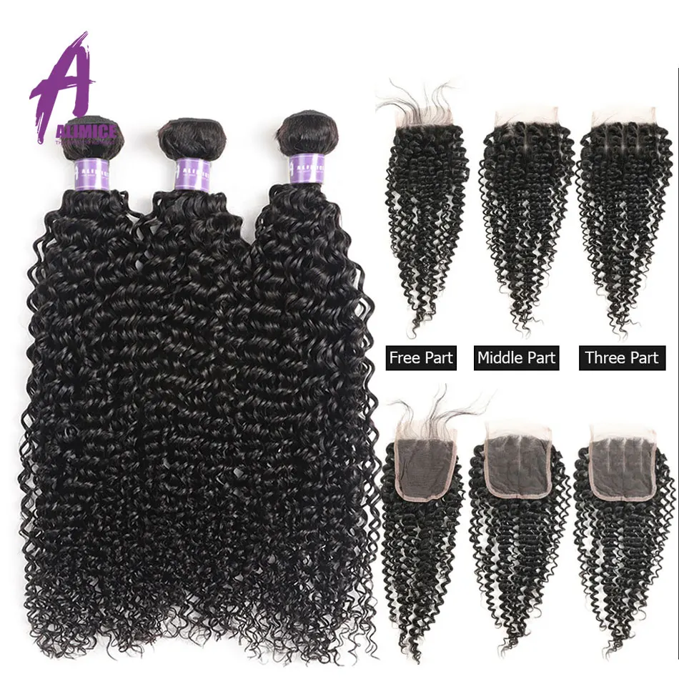 Alimice Mongolian Kinky Curly Hair Bundles with Closure 3 Or 4 Bundles With Closure 100% Remy Human Hair Bundles with Closure 1B