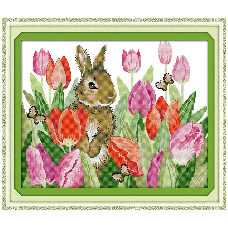 

The Rabbit in Tulips Counted Cross Stitch 11CT 14CT Cross Stitch Set Wholesale Animal Cross-stitch Kits Embroidery Needlework