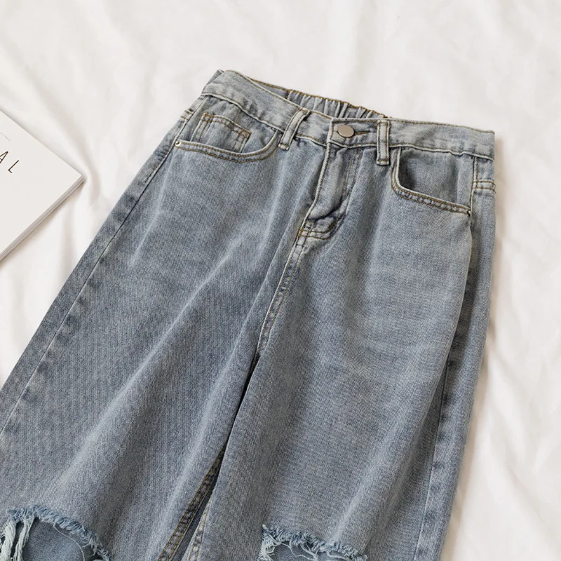 Шикарные Ретро свободные прямые джинсы для мамы винтажные рваные с высокой талией Свободные повседневные джинсы Уличная Harajuku джинсы для женщин в стиле бойфренд