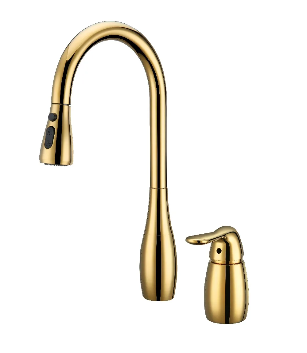 Free ship gold color Single Handle Pull-Down Kitchen Faucet mixer widespread 2 Holes Pull out sprayer tap | Обустройство дома