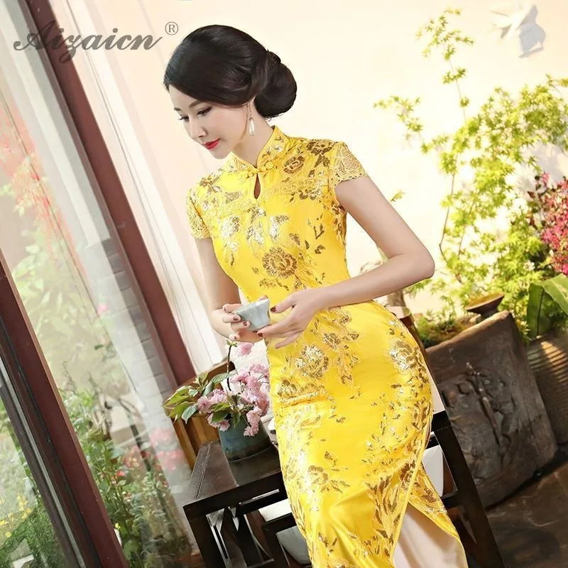 Qipao lentejuelas vestido Cheongsam del amarillo Qi Pao estilo восточные vestidos tnunica Chinoise bordado tradicional vestido