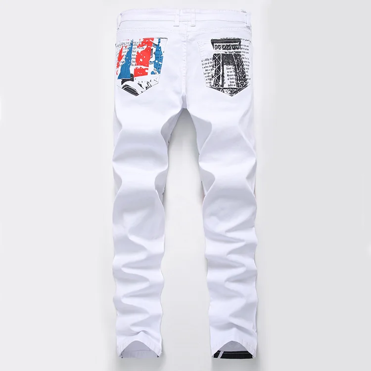 Aolamegs Men Jeans Pants Print British Flag Paris Eel Tower White Motor Full Length Trousers Summer Splice Light Denim Fashion   (26)