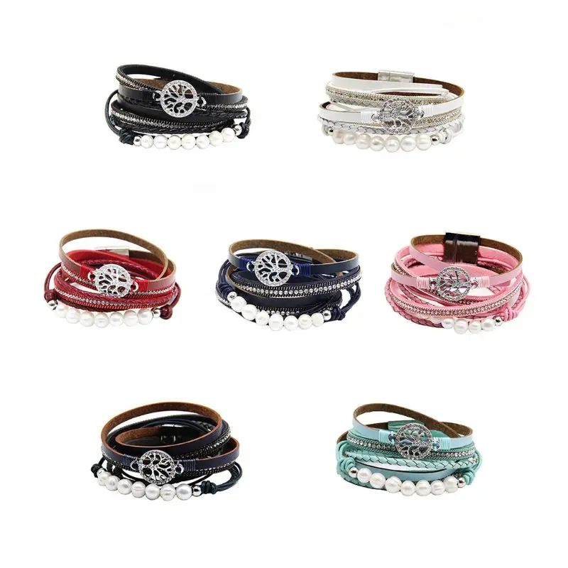 

Tree of Life Multi-Layer PU Bracelet Braided Cuff Bangle Rhinestone Artificial Pearls Magnetic Clasp Handmade Women Jewelry Girl