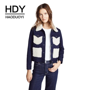 

HDY Haoduoyi Women Short Blue Denim Jacket Fashion Personality White Faux Fur Spliced Turn-Down Collar Female Outwear Wholesale