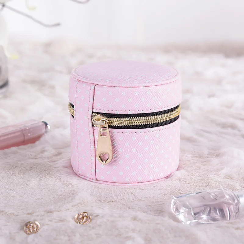 

Pink Polka Dot PU Leather Zipper Jewelry Box Double Deck Stud Earrings Ring Necklace Bracelet Brooch Mini Storage Case Boxes
