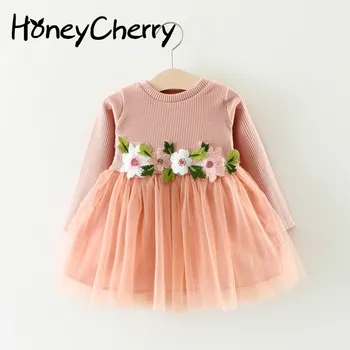 

New Flowers Child Waist Long Sleeved Dress Baby Princess dress Girls Dresses For Party And Wedding Baby Girl Kids