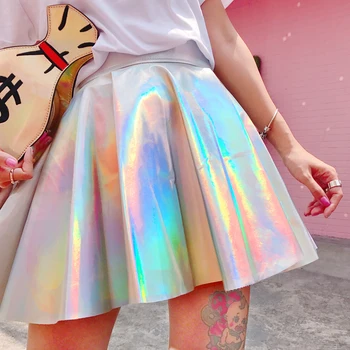 

2018 New Summer Women Fashion Punk Style Harajuku Skirt Empire High Waist Laser Silver Short Bottoms Skirts Ball Gown Mini Skirt