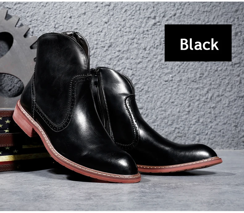 Men's Boot Slip-on Ankle Desert Boots Mens Black Leather Boots Men Winter Shoes Waterproof Military Boots' Men Combat Plus Size  (13)