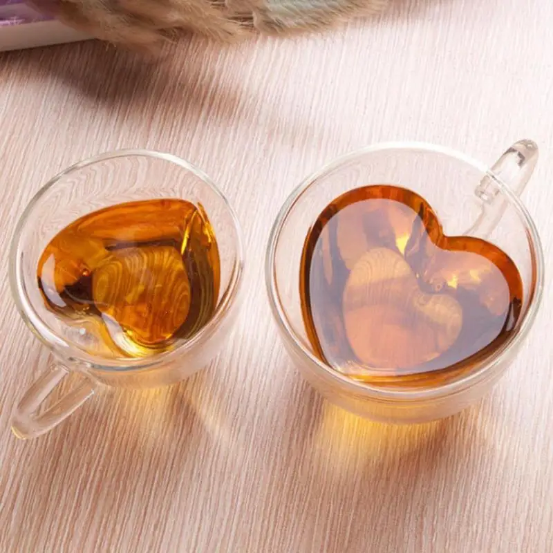 Heart Love Shaped Double Wall Glass Mug Tea Mug Milk Juice Cup