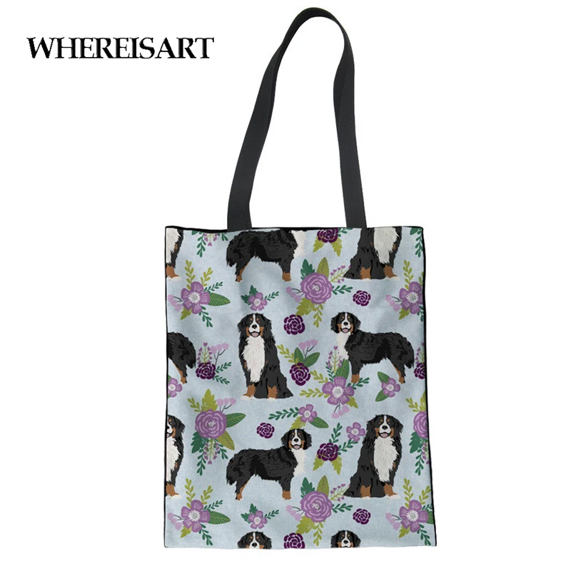 WHEREISART многоразовые сумка для покупок Бернская горная собака ПЭТ печати для женщин для шоппер мешок Мода Экологичные складывающиеся сумки