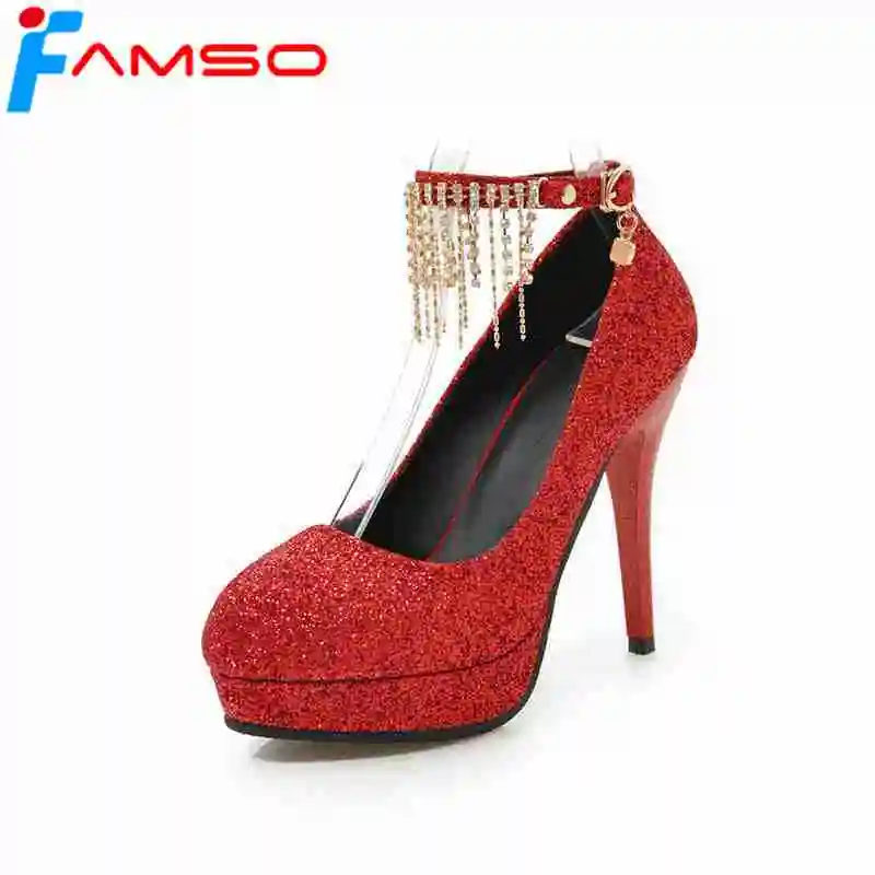 

FAMSO 2019 New Pumps For Women High Heels Shallow Shoes Platforms Pumps Glitter Wedding Ankle Strap Office Rhinestone Pumps