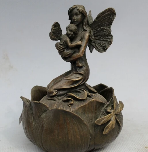 

wholesale factory 6"Western Art sculpture Pure Bronze Marble Angell Bell Girl incense burner