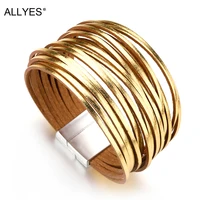 ALLYES Simple Gold Color Leather Bracelets For Women Fashion 2020 Boho Multilayer Strips Wide Wrap Bracelet Jewelry