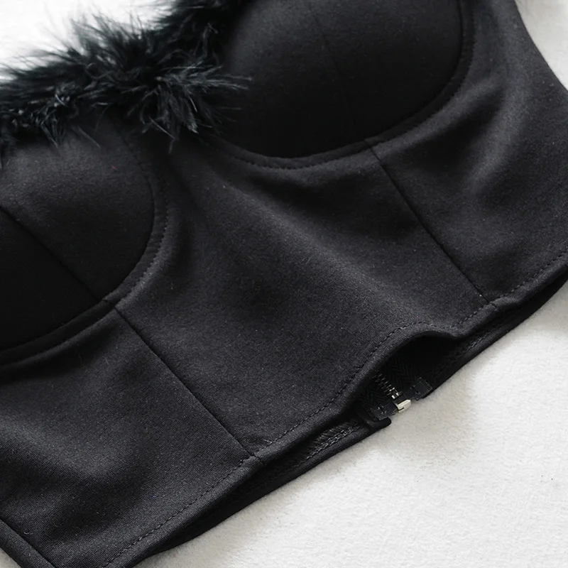 2019 women sexy faux fur Patchwork crop top V neck sleeveless back zipper camisole tank top short style female tops
