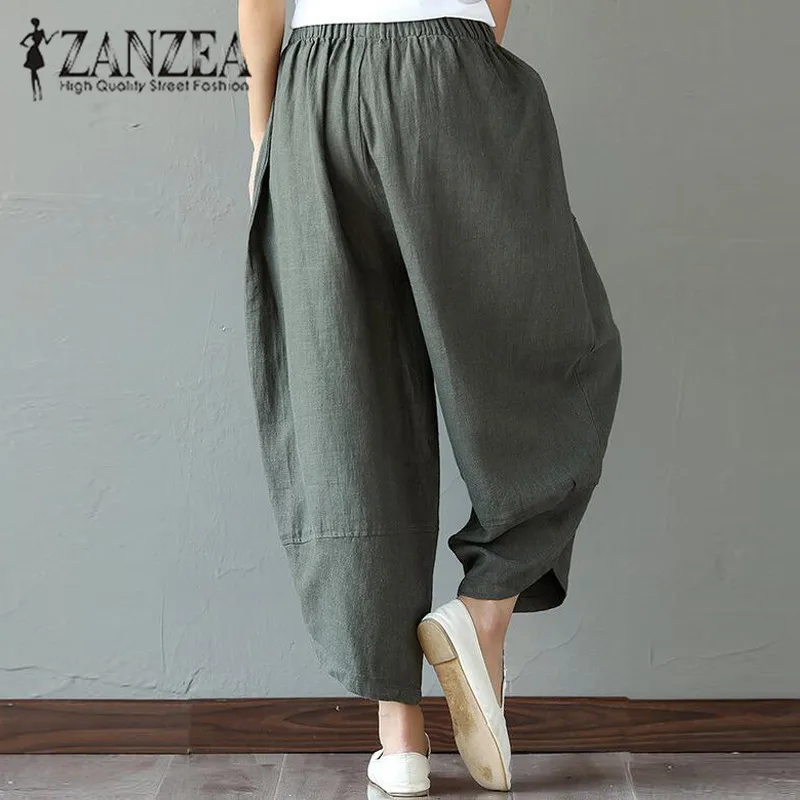 ZANZEA Autumn Retro Print Pockets Women Elastic Waist Loose Long Trousers Linen Harem Pants Cotton Casual Splice Pantalon ZANZEA Autumn Retro Print Pockets Women Elastic Waist Loose Long Trousers Linen Harem Pants Cotton Casual Splice Pantalon