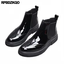 Роскошные зимние кроссовки Челси; стильные меховые ботинки; повседневная мужская обувь с перфорацией типа «броги»; черные ботинки из лакированной кожи; ботильоны с острым носком