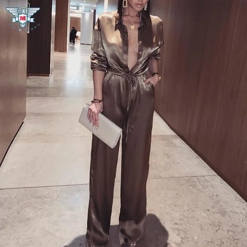 

Women Rompers Summer Long Pants Eegant Female Jumpsuits 2019 Loose Satin Jumpsuit Overalls For Womens Combinaison Femme Overalls
