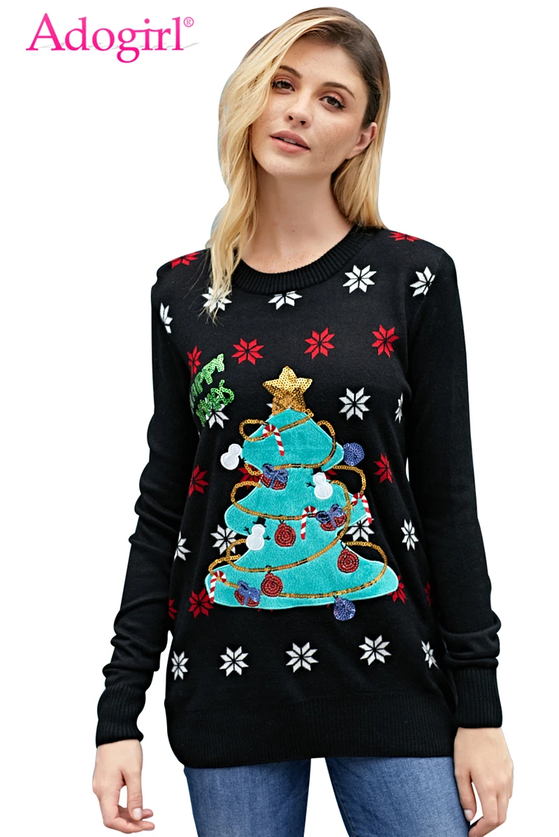 Adogirl Happy Xmas Black Christmas Tree Knit Sweater Classic O Neck