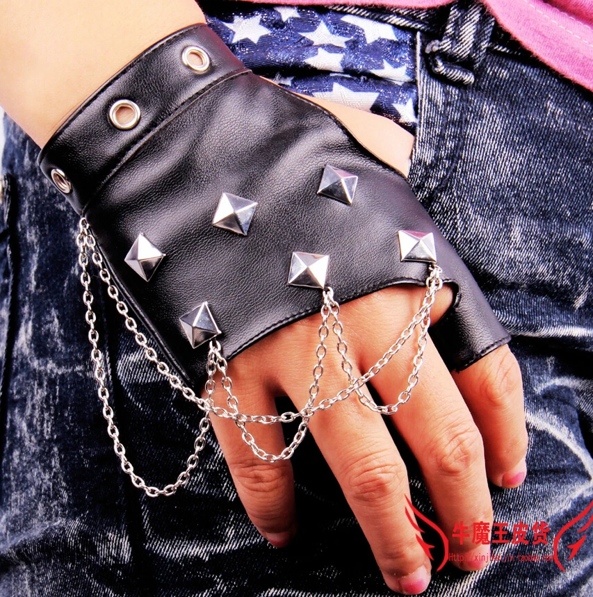 

womens Fashion hip-hop punk rivet chains black lovers gloves men's pu leather fingerless ds rivet punk gloves