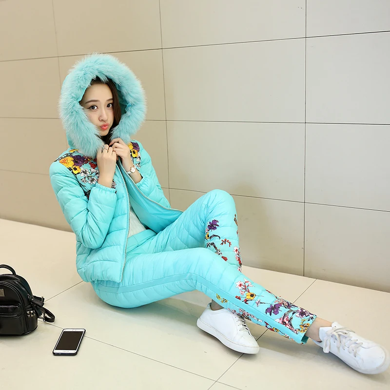 

Winter warm suit women's new hooded fur collar fashion down coat two-piece Slim large size padded cotton clothing JQ448