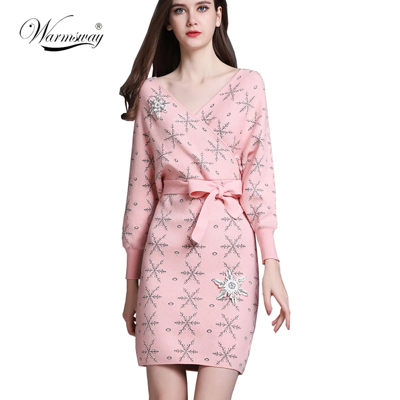 High Quality Luxury Brand 2018 Fashion Spring Women Sexy Dress Lady v-neck Womens Diamonds Snowflake Belt Dresses  WS-035