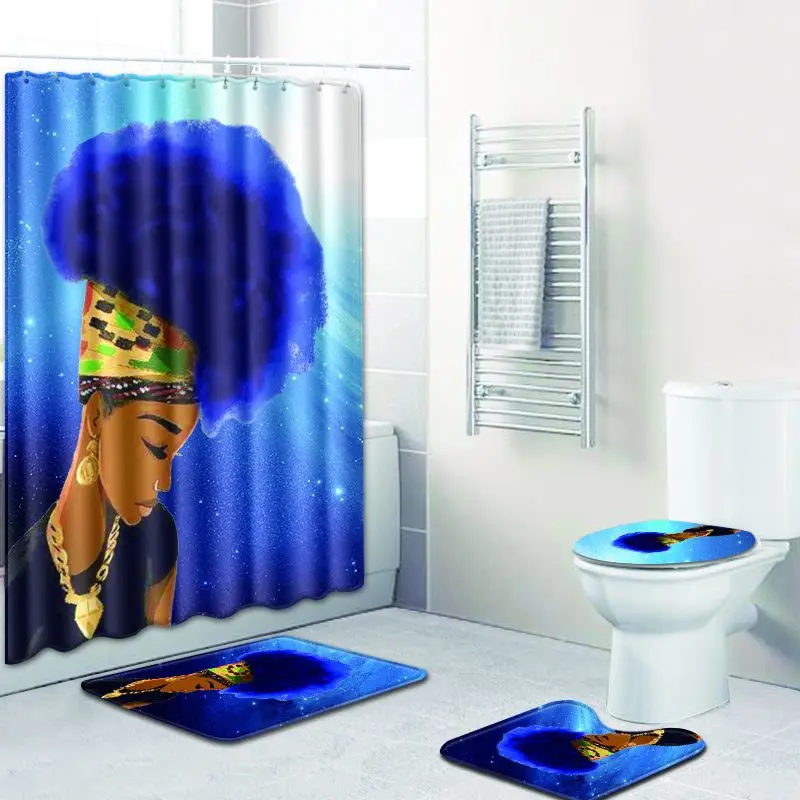 Мода африканская женщина шаблон полиэстер занавеска для душа комплект Нескользящие ковры для ванной комнаты Туалет фланелевый коврик для ванной комплект 4 шт./