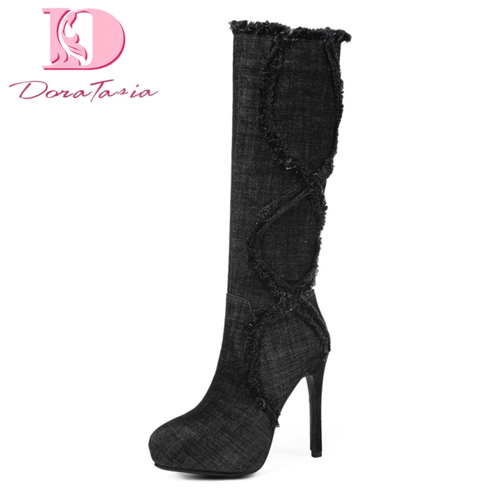 

DoraTasia Plus Size 33-43 denim sexy Knee-High Boots Woman Shoes High Heels Platform Black Blue women's Boots Shoes Woman