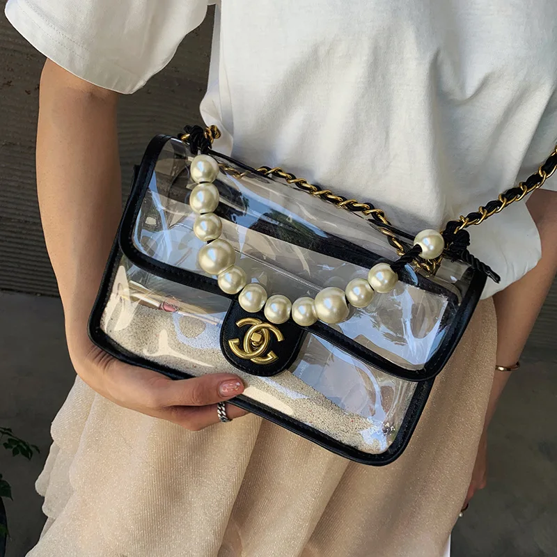 

Temperament net red transparent package small fragrance beach bag summer pearl jelly package single shoulder small square Baonu