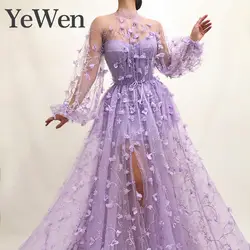 Пикантные кружевные цветы Длинные рукава вечернее платье 2019 Новое поступление особых случаев Выпускные платья Фиолетовый vestidos de fiesta
