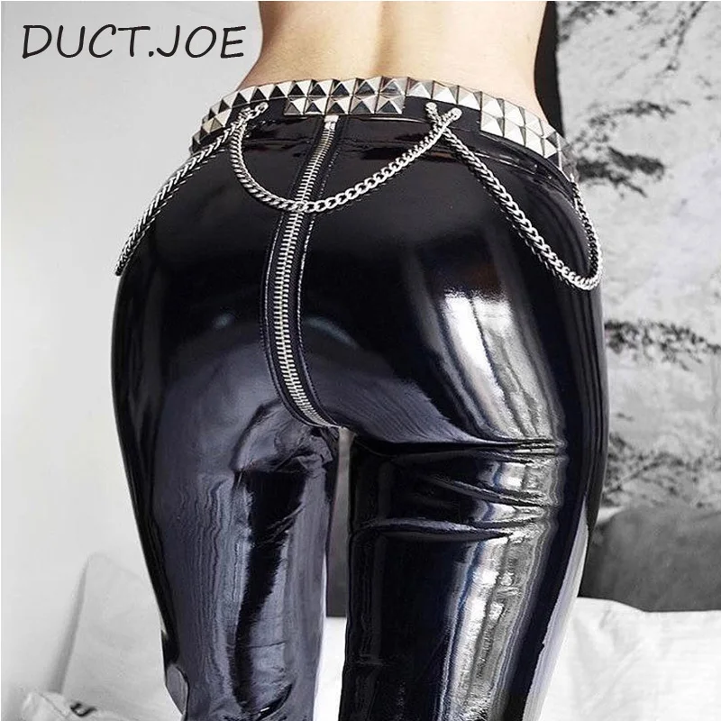 

DUCJOE Women Pants Sexy Shiny PU leather Leggins with Back Zipper Push Up Leather Pants Latex Rubber Pants Jeggings Leggings