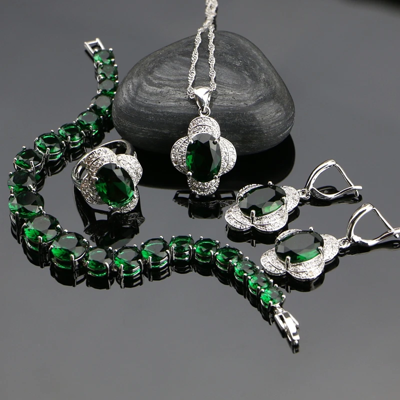 

Natural Green Cubic Zirconia White CZ 925 Sterling Silver Jewelry Sets Women Wedding Earrings/Ring/Bracelet/Pendant/Necklace
