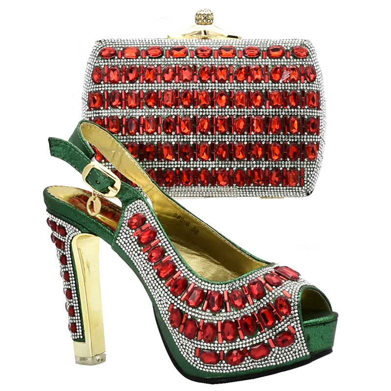 

Green With shining Red crystal African shoes with matching bag lady matching shoe and bag Sets Nigerian African shoes and bag