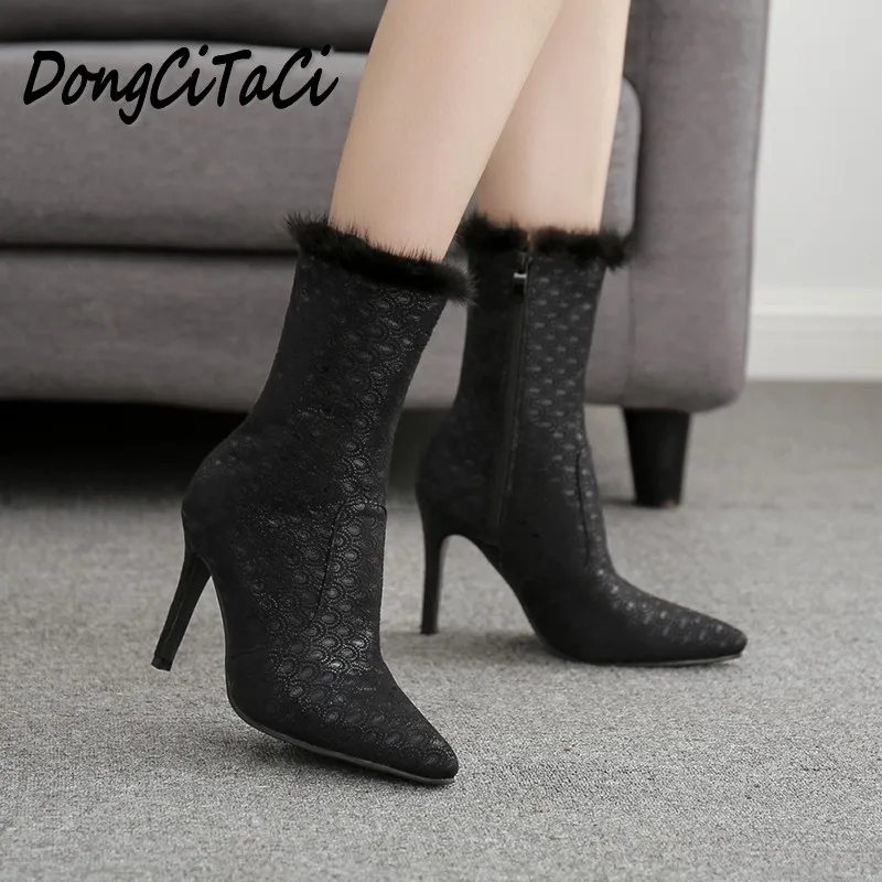 

DongCiTaCi Spring Autumn Women Rabbit Fur Boots Woman Pointed Toe High Heel Shoes Fashion Mid calf High Heels Pumps Boots 35-40