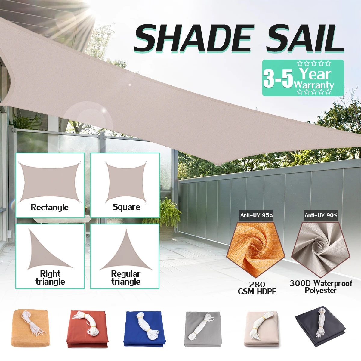 3x4x5m 280GSM HDPE Right Triangle Awning Shade Sail Sun Outdoor