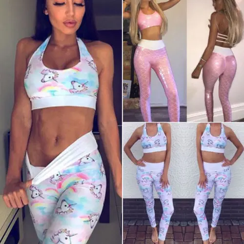 

New Women Set Yoga Workout Pants Skinny Running Fitness Fish-scale Unicorn Print Crop Tank Top Leggings Athletic Clothes