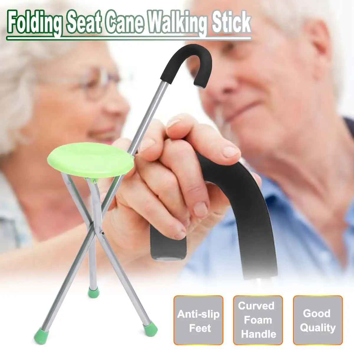 

Non Slip Camping Folding Aluminium Tripod Cane Walking Stick Seat Portable Stool Chair Plastic Seat Max Load Bearing 130kg