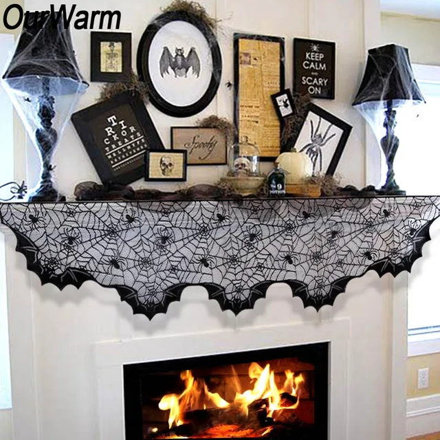 Ourwarm 50x200cm Party Supplies Black Lace Spiderweb Bat Ourwarm 50x200cm Party Supplies Black Lace Spiderweb Bat Fireplace Mantle Cover Tablecloth Table Decorations