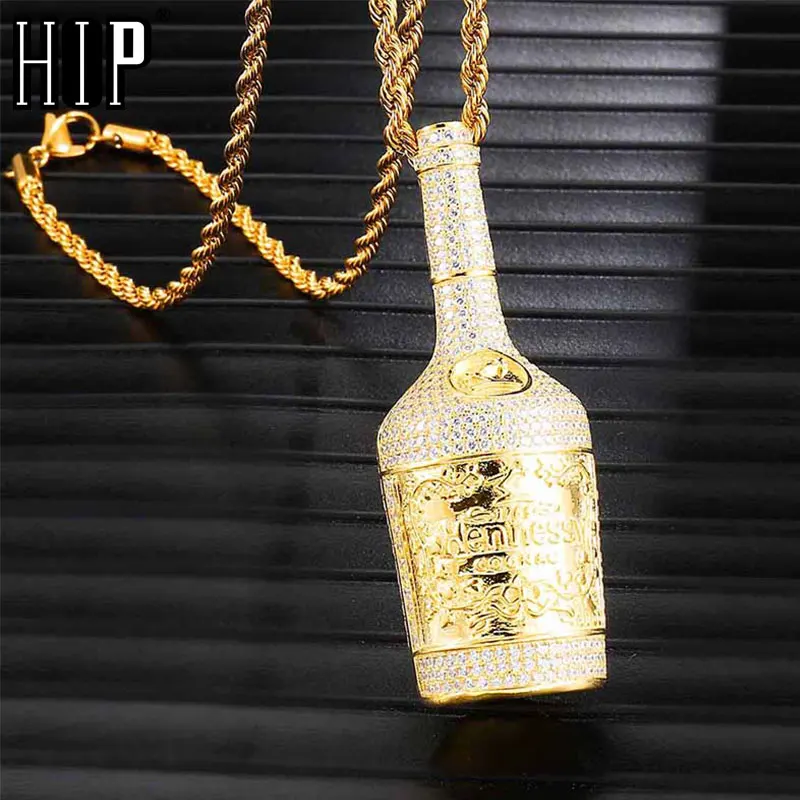

Hip Hop Iced Out Bling Champagne Bottle Rhinestone Rope Chain Gold Color Pendants & Necklaces For Men Jewelry Dropshipping