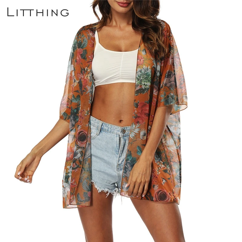 

LITTHING 2019 New Summer Sunproof Shirts Cardigan Fashion Women printing Chiffon Blouse Cover Up Kimono Cardigan Coat Camisa