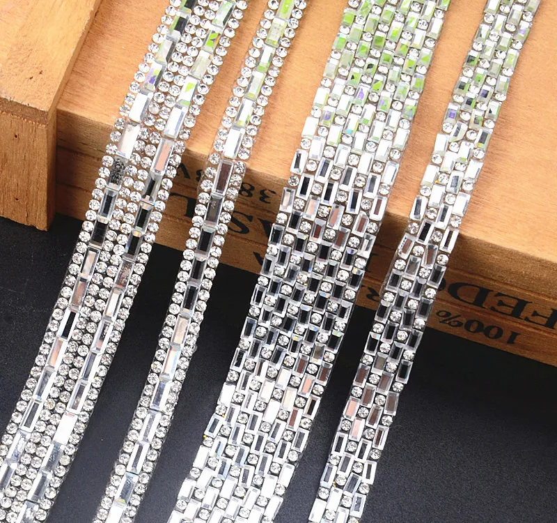 

2Yard rectangle Clear Glass Hotfix Rhinestones Chain Trim Strass Crystal Banding Mesh Bridal Crystal Appliques For Wedding Dress
