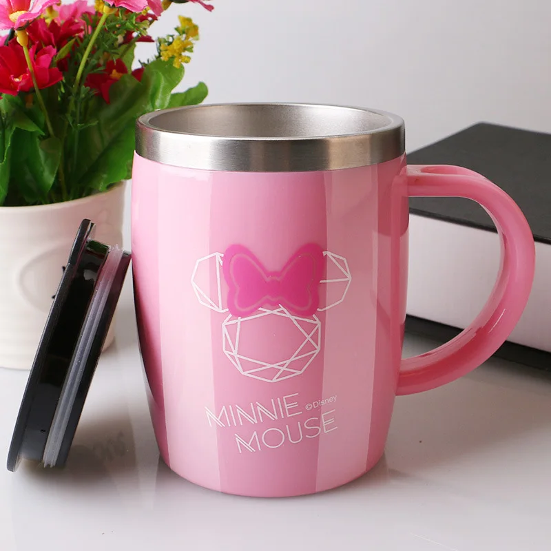 Дисней кружка Микки Маус ребенок с крышкой изоляция ручка из нержавеющей стали чашки офисные Нескользящие кофе молочные чашки подарки на день рождения - Цвет: Pink