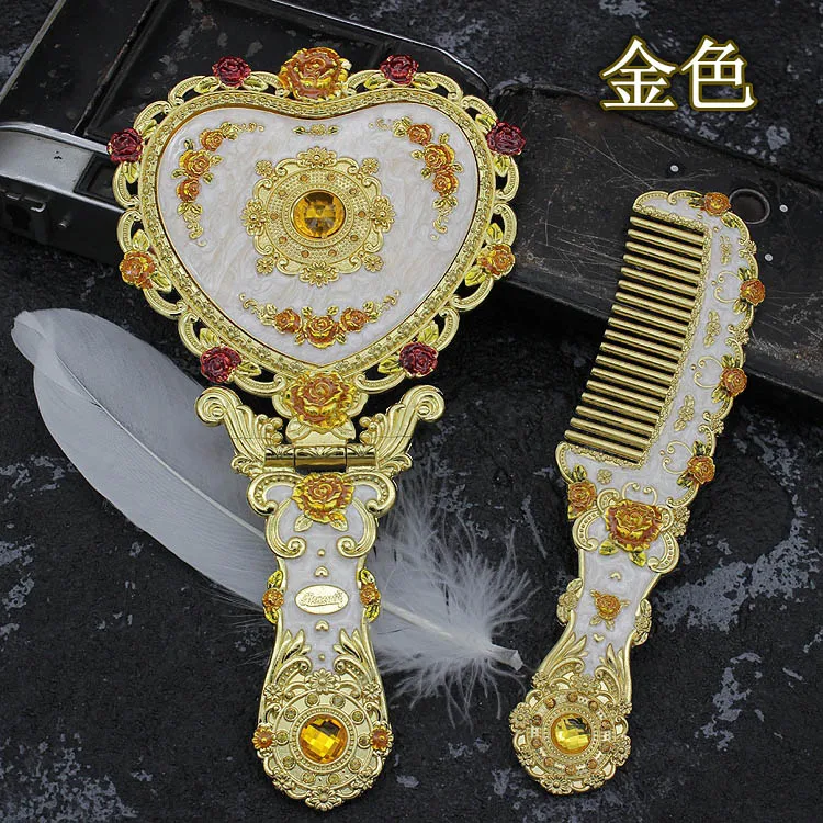 gold color Европейский вырос туалетный зеркало день рождения творческий Подарочное косметическое зеркало классический, в ретро стиле ручной клади косметическое зеркало с гребнем комплект 352 - Цвет: gold color