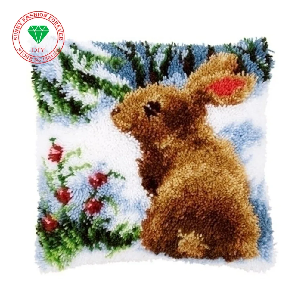 

Embroidery Rabbit DIY Latch Hook Rug Kits Unfinished Crocheting 3D Yarn Needlework Cushion Set for Embroidery Carpet Diy Mat