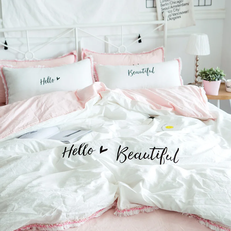 Cilected Hello Beautiful Embroidery Bedding Set 100 Cotton White Cilected Hello Beautiful Embroidery Bedding Set 100 Cotton White Pink 4pcs Duvet Cover Flat Sheet Pillow Cases Princess Gift In Sets From Home