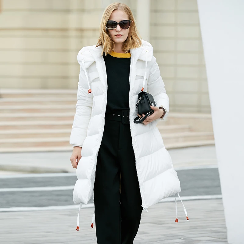 Amii Minimalist 2018 Women 90% White Duck Down Coats Loose Knee Length Padded Jacket with Hooded