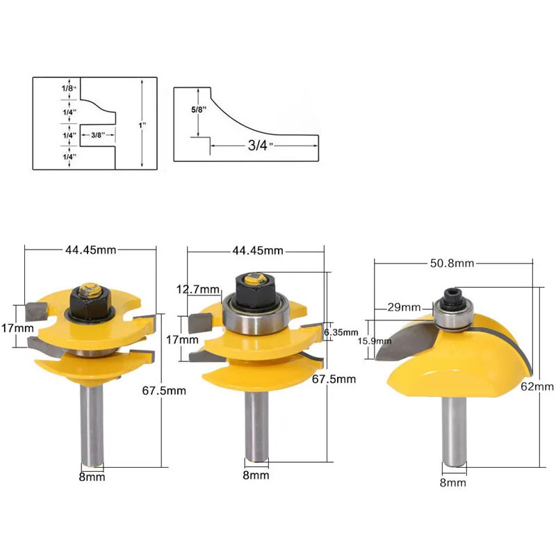 Высокое качество 8 мм хвостовик поднятая панель двери шкафа маршрутизатор Набор бит дерево резак фрезы 3 Бит Ogee деревообрабатывающие фрезы - Длина режущей кромки: GJ377-2